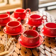 Studio Pottery Ceramic Cup & Saucer Set Of 6-Red