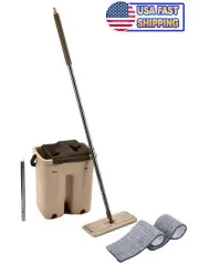 Self Cleaning Drying Wringing Mop Bucket System Flat Floor + 2 Microfiber Pads