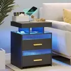 Black Bedside Table with Charging Station: All in One Nightstand with Drawers Ni