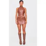 Brown Faux Leather Micro Mini Skirt, Brown