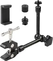 11 Inch Adjustable Articulating Magic Arm, Super Clamp with 1/4" and 3/8" Screw Holes and Dual-Hole Phone Holder for Photography, Video, Camera Gear