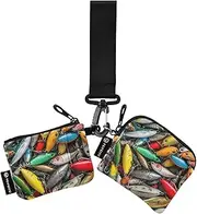 [XYMZR] Mini Zip Around Wristlet keychain Wallet Several Fishing Lures for Women Personalized Pattern Detachable Dual Pouch Wristlet Portable Wallet Phone Coin Purse, Multi-colored, One Size