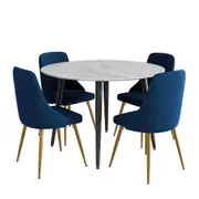 5 Piece Round Marble Style Dining Table and Blue Velvet Chair Set
