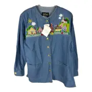 Bob Mackie Deatstock Cottage Patchwork Button Front Denim Chore Jacket L