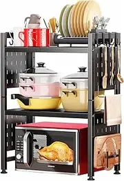 3-Tier Microwave Oven Rack, Adjustable Microwave Shelf Organizer with Hooks, Metal Kitchen countertop Microwave Storage Expandable Stand, Black