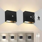 JZCDR Battery Wall Light Motion Sensor Indoor Pack of 2 Wireless LED Wall Light USB Rechargeable Brightness Dimmable Up and Down Battery Operated Wall Lamp Magnetic Warm White 3000 K