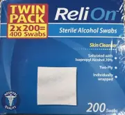 ReliOn Alcohol Sterile swabs Isopropyl 70% Pads.2 X200= 400CT