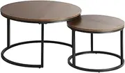 OIKITURE Nesting Coffee Table Set of 2 - Round Stacking Side Table Φ70CM+50CM, Marble-Texture Tabletop Sturdy Base, Easy Assembly for Living Room, Walnut