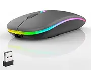 LED Wireless Mouse, Slim Silent Dual-Mode 2.4G+BT Rechargable 7-Color Mouse Portable Mobile Optical Office Mouse with USB Receiver, 3 Adjustable Levels for Notebook, PC, Computer, MacBook(Gray)