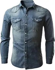 [Generic] Long Sleeve Fitted Tee Casual Solid Color Patchwork Denim Shirt for Men Mens Workout Tops Loose Fit