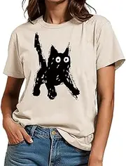 [VillbeCoser] Graphic Tees for Women Summer Short Sleeve T-Shirts, Cute Funny Animal Graphic Tshirt Women Casual Tee Tops, Cat03-apricot, Large