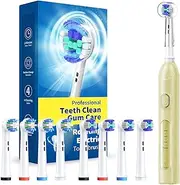 TEETHEORY Rotating Electric Toothbrush for Adults with 8 Brush Heads (2 Types), 4 Modes Deep Clean Electric Toothbrush with Rechargeable Power and 2 Min Smart Timer (8-Yellow, p1)