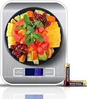 RKINC Digital Kitchen Scale, Food Scale for Meat Baking Weighter,Unit Gram OZ lb Up 11 lb(1g-5KG),Silver Stainless Steel Anti-Fingerprint with Accuracy LCD Display for Cooking (Include AAA Battery)