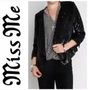 MISS ME Jacket L SEQUINS OF EVENTS Matte Black Lined Waterfall Front Blazer NWT