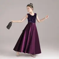 在飛比找蝦皮商城精選優惠-女童深紫色亮片鋼琴禮服畢業典禮公主裙紫色演出服大童緞面亮片洋