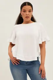 White Relaxed Top Short Sleeve Frill Linen Viscose