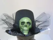 Halloween Black TOP HAT Green Glitter SKULL Steampunk GOTH New Costume Victorian