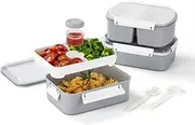 Lille Home 3-Pack Salad Food Storage Containers, 3800ml Bento Boxes, with Lids and Removable Trays, Fork and Spoon, for Lunches, Salads, Snacks & Fruits (Gray)