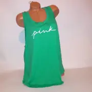 Victoria Secret PINK Tank Top Green White Logo Solid Open Cutout Back Sleeveless