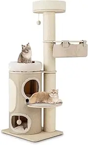 Costway 155CM Cat Tree for Indoor Cats, Tall Multi-Level Cat Tower w/ 2-stoery Condo, Top Perch, Sisal Scratching Posts, Sisal Carpet, Hammock, Dangling Balls, Removable Bed, Modern Kitty Play Center