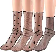 [PRETYZOOM] 4 Pairs Women Sheer Mesh Tulle Socks Novelty Slouch Socks Nylon Lace Loose Socks, Black, One Size
