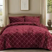 PHF Luxury Truly Velvet Quilt Set Twin Size, Ultra Soft Cross Stich Quilted Bedspread Coverlet Bedding Set for Fall Winter, Drop Nicely Home Decor Quilt 68 x 86 with 1 Pillow Sham 20 x 26, Wine Red