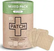 PATCH 100 Piece Value Pack Mixed Sizes - Eco-Friendly Bamboo Bandages for Cuts & Scratches, Hypoallergenic Wound Care for Sensitive Skin, Compostable & Biodegradable, Latex Free, Plastic Free