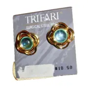 NOS~Vintage 90's~Trifari TM Gold Tone Flower AQUA Lucite Pierced Earrings