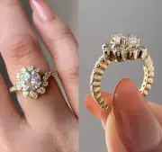 2 Ct Round Cut Moissanite Cluster Floral Halo Accent Women's Engagement 14k Gold