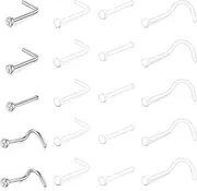 [vcmart] 20pcs Clear Nose Studs L Shape Screw Nose Bone Retainers Flat Top Bioflex Hide Piercing for School Work 20G 18G 22G