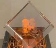 3D Etched Crystal Glass Cubed Paperweight With Boy, Girl And Cat