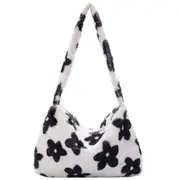 Fashion Women Versitile Cute Plush Flower Pattern Shoulder Underarm Girl French Vintage Retro Faux Fur Handbag Furry Fluffy