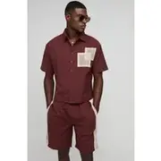 Mens Chocolate Oversized Boxy Linen Look Open Weave Pocket Shirt & Relaxed Panel Short