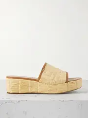 [Valentino Garavani] Valentino Garavani - Raflower 45 Leather-trimmed Raffia Platform Slides - Tan - IT36 IT 36 Brown