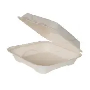 9 in x 9 in x 3 in Renewable and Compostable Hinged Bagasse Clamshells