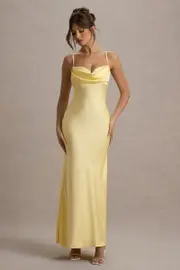 Eimear | Lemon Satin Draped Sweetheart Maxi Dress