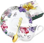 TEVLAUXO Tea Cups and Saucers Set,Fine Bone China,Porcelain Coffee Cup,Vintage Floral Flower Pattern,with Gold Trim,Spoon,Handle,Antiqued Ceramic,Espresso Drink,for Women Gift box,Tea Party