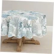 Summer Tablecloth 70×70 Inch Round, Sealife Blue Beach Washable Table Cover