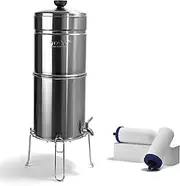 ProOne Big+ Brush Stainless-Steel Gravity Water Filter System, 3-Gallon Water Capacity, Countertop Water Dispenser for Home, Camping, and Travel Includes 2 ProOne 7-inch Filter Elements and Wire Stand