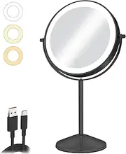 AumVum 8'' Magnifying Makeup Mirror with Light, Vanity Mirror with Lights Rechargeable Double Sided 1X/10X 3 Color Lights, Make up Mirror with Adjustable Brightness 360° Rotation Touch Control, Black