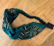 L. Erickson Beaded Embellished Satin Headband Emerald Green Elastic Hairband