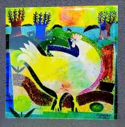 Bright Pop Art Rooster Farm Trivet Kitchen Wall Tile Ceramic Jacqueline M. Cohen