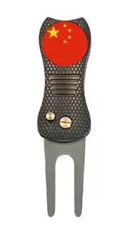 China Flag Golf Ball Marker w/ Premium Switchblade Divot Tool