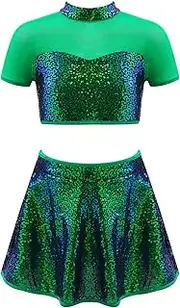 [Aislor] Kids Girls Shiny Sequins Jazz Hip Hop Dance Outfits Metallic Short Sleeve Top And Skirt Sets Dancewear