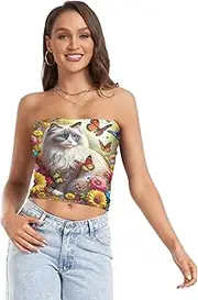 [RPLIFE] Cute Cat Colorful Flowers Butterflies Coastal Summer Tops, Strapless Top for Women, Sheer Tube Tops, Sexy Tube Tops (S)