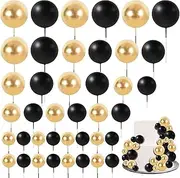 BEISHIDA 40 Pcs Ball Cake Toppers Mini Balls Cake Decorations Black Gold Foam Balls Sticks DIY Cake Topper for Baking Congrats Grade 2025 Graduation Birthday Retirement Party Decorations (Black Gold)