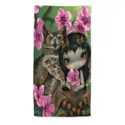 Owl Fairy Owlyn in the Springtime Cherry Blossom Beach Towels Medium Large Extra Large
