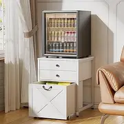 PAKASEPT Farmhouse Mini Fridge Stand with Storage,Heavy Duty Fridge Cart,Mini Fridge Cabinet with Rolling Cabinet,Beverage Fridge Table for Dorm,Home,Office,Bedroom, White