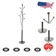 Artistic Modern Coat Rack with Weighted Base - 6 Wooden Hooks for Coats & Hats