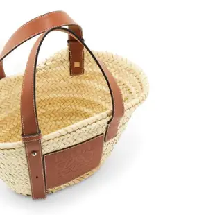 【LOEWE 羅威】Small Basket 小款 棕櫚葉拼小牛皮 托特包 編織包 草編包 原色/棕褐色